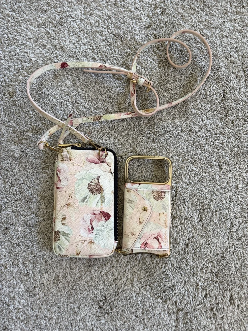 Bandolier Floral Crossbody Phone Case with Card Holder & Pouch - Pink Floral
